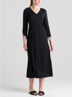 Natori Luxe Shangri-La Nightgown Modal Lace Trim Long Sleeve Black Size L